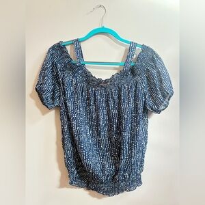 Forever 21 Y2K Cold Shoulder Sheer Polka Dot Navy Blue & White Blouse Shirt Top